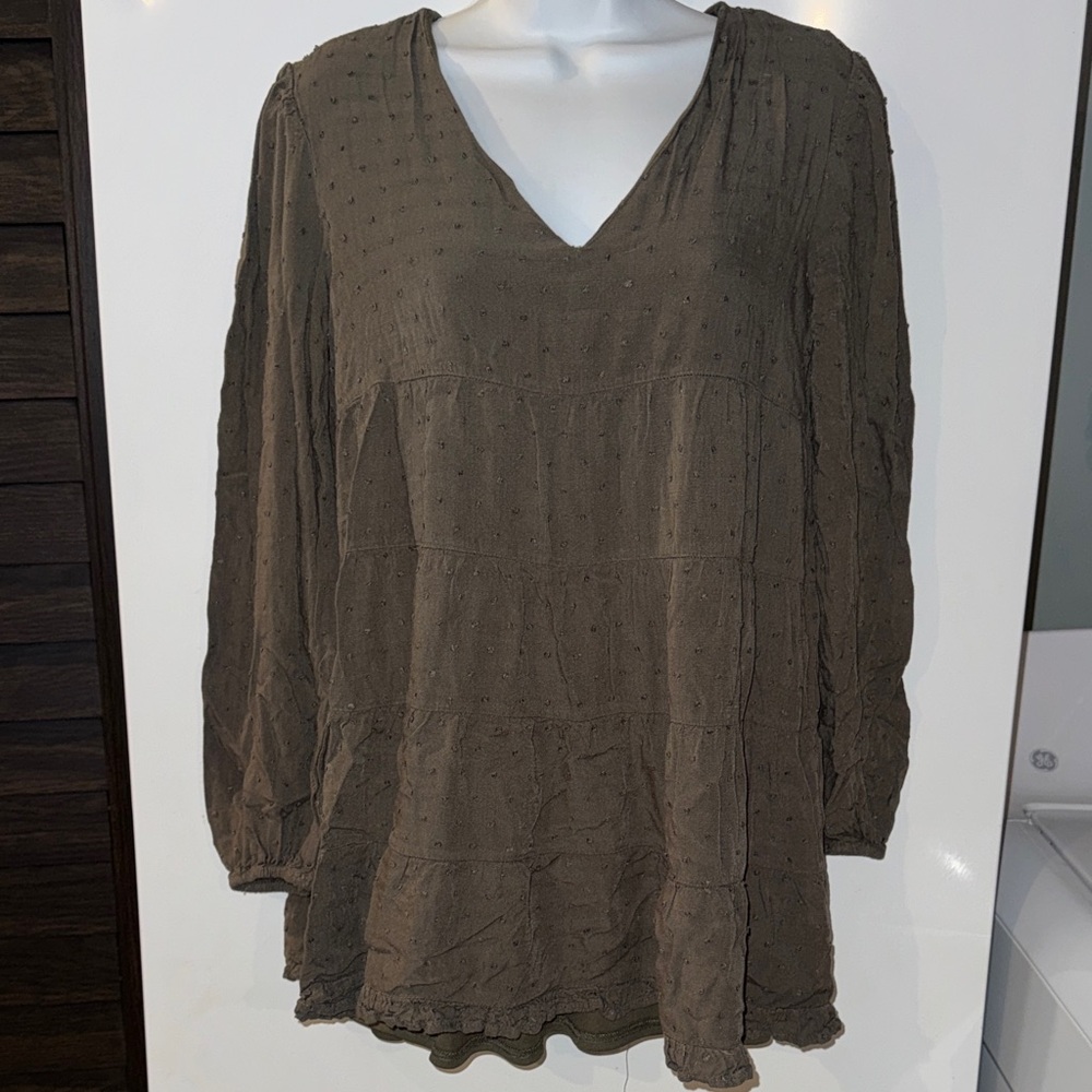 Blue Rain Olive Green Swiss Dot Tiered Long Sleeve Top Size S